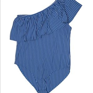 Mark Blue Striped One Shoulder Bodysuit M